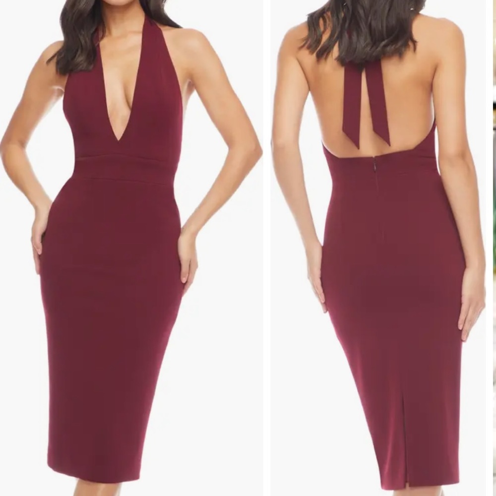 Dress the Population Backless Halter Midi Dress in Burgundy
